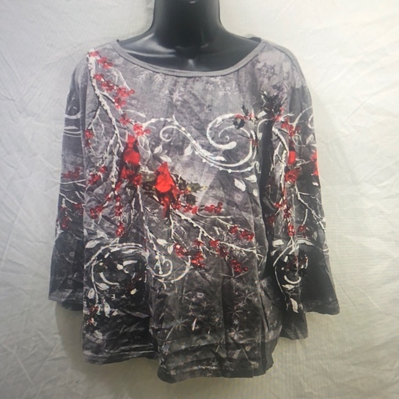 Gray and Red Bird Print Sweater - Picture 2 of 4